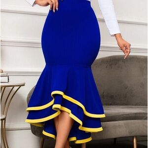 Women's Blue Color Block High Waist Bodycon Ruffles High Low Hem Skirt